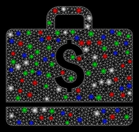 Bright mesh accounting suitcase with lightspot effect. White wire carcass polygonal mesh in vector format on a black background. Abstract 2d mesh created from polygonal grid, spheric points,のイラスト素材