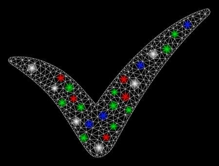 Bright mesh yes mark with lightspot effect. White wire carcass triangular mesh in vector format on a black background. Abstract 2d mesh created from triangular lines, round dots, colored light spots.のイラスト素材