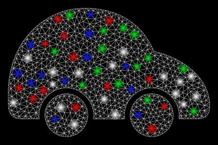 Bright mesh car with lightspot effect. White wire carcass polygonal mesh in vector format on a black background. Abstract 2d mesh designed with polygonal grid, spheric points, colored flash spots.のイラスト素材