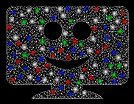 Bright mesh display smile with glare effect. White wire frame polygonal network in vector format on a black background. Abstract 2d mesh designed with polygonal grid, spheric points,のイラスト素材