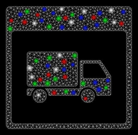 Bright mesh shipment truck calendar page with glare effect. White wire carcass triangular mesh in vector format on a black background. Abstract 2d mesh designed with polygonal grid, points,のイラスト素材