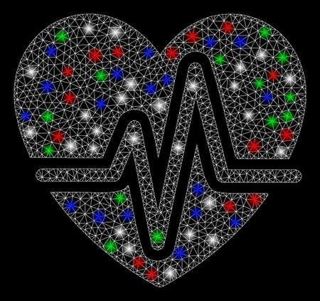 Bright mesh heart diagram with glare effect. White wire carcass polygonal mesh in vector format on a black background. Abstract 2d mesh built from triangular lines, dots, colorful glare spots.のイラスト素材