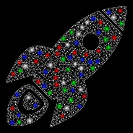 Bright mesh rocket science with glare effect. White wire frame polygonal mesh in vector format on a black background. Abstract 2d mesh built from polygonal grid, small circle, colorful flare spots.のイラスト素材