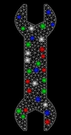 Bright mesh wrench with glare effect. White wire carcass polygonal mesh in vector format on a black background. Abstract 2d mesh built from polygonal grid, small circle, colorful flash spots.のイラスト素材