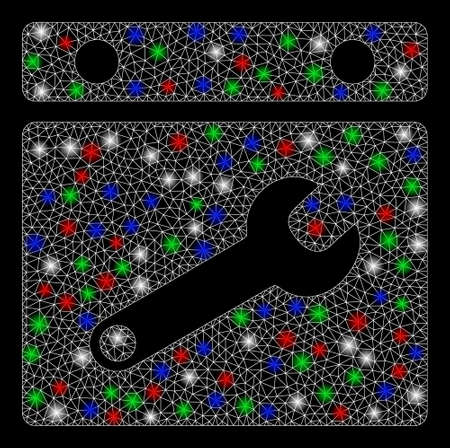 Bright mesh date options with glow effect. White wire frame triangular mesh in vector format on a black background. Abstract 2d mesh designed with triangular lines, spheric points,のイラスト素材