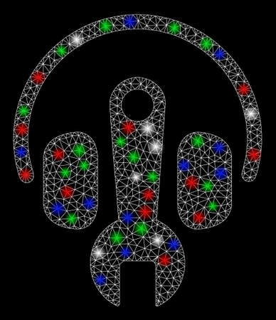 Bright mesh headphones tuning wrench with lightspot effect. White wire frame triangular mesh in vector format on a black background. Abstract 2d mesh designed with triangles, dots,のイラスト素材