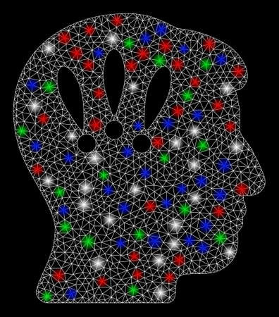 Bright mesh head problems with glow effect. White wire frame polygonal mesh in vector format on a black background. Abstract 2d mesh designed with polygonal grid, points, colored light spots.のイラスト素材