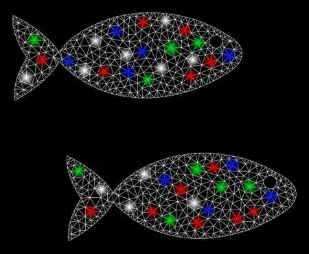 Bright mesh fish pair with glare effect. White wire frame triangular mesh in vector format on a black background. Abstract 2d mesh designed with triangular lines, points, colorful flash spots.のイラスト素材