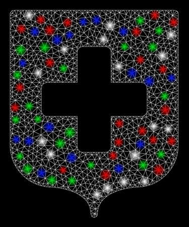 Bright mesh medical shield with glare effect. White wire frame polygonal mesh in vector format on a black background. Abstract 2d mesh designed with triangular lines, small circle,のイラスト素材