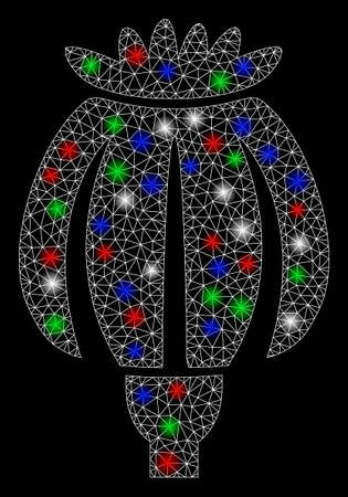 Bright mesh opium poppy with glare effect. White wire carcass triangular mesh in vector format on a black background. Abstract 2d mesh designed with polygonal grid, points, colorful flare spots.のイラスト素材