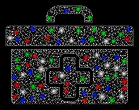 Bright mesh medical tools box with glare effect. White wire frame triangular mesh in vector format on a black background. Abstract 2d mesh designed with triangular lines, spheric points,のイラスト素材