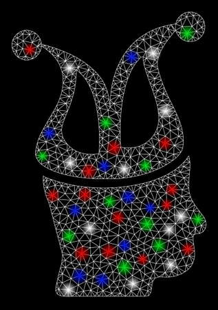 Bright mesh joker with lightspot effect. White wire frame triangular mesh in vector format on a black background. Abstract 2d mesh designed with triangular lines, points, colored light spots.のイラスト素材