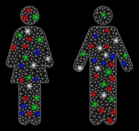 Bright mesh WC persons with lightspot effect. White wire carcass polygonal mesh in vector format on a black background. Abstract 2d mesh designed with polygonal grid, points, colored flare spots.のイラスト素材