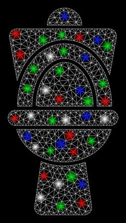 Bright mesh toilet pan with glow effect. White wire carcass polygonal mesh in vector format on a black background. Abstract 2d mesh designed with polygonal grid, small circle, colorful flare spots.のイラスト素材