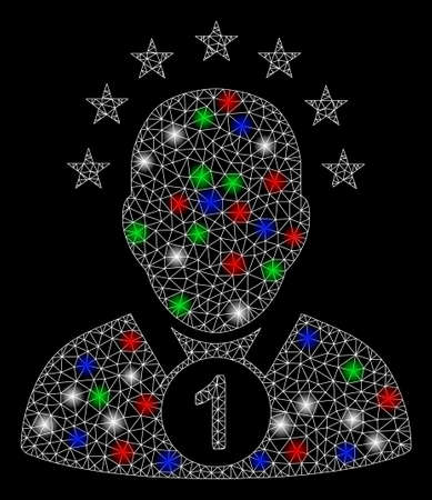 Bright mesh champion with glare effect. White wire carcass triangular mesh in vector format on a black background. Abstract 2d mesh created from triangular lines, round dots, colored glare spots.のイラスト素材