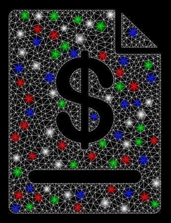Bright mesh invoice with glare effect. White wire carcass triangular mesh in vector format on a black background. Abstract 2d mesh created from triangular lines, spheric points, colored glare spots.のイラスト素材