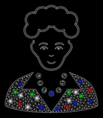 Bright mesh blonde lady with lightspot effect. White wire frame triangular network in vector format on a black background. Abstract 2d mesh designed with triangular lines, small circle,のイラスト素材