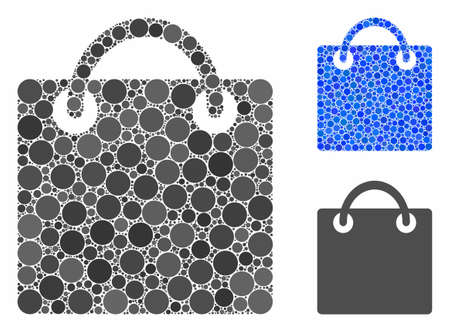 Shopping bag composition of small circles in variable sizes and color hues, based on shopping bag icon. Vector small circles are combined into blue mosaic.のイラスト素材