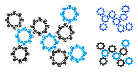 Gears mosaic of small circles in different sizes and shades, based on gears icon. Vector small circles are united into blue composition. Dotted gears icon in usual and blue versions.のイラスト素材