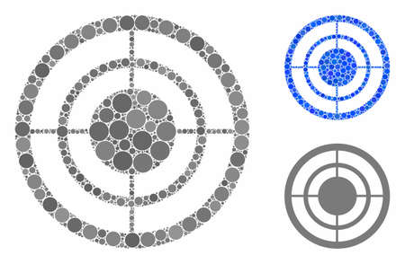 Target composition of filled circles in various sizes and color tinges, based on target icon. Vector dots are organized into blue composition. Dotted target icon in usual and blue versions.のイラスト素材