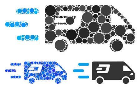Fast Dash delivery car composition of small circles in various sizes and color tinges, based on fast Dash delivery car icon. Vector small circles are composed into blue collage.のイラスト素材