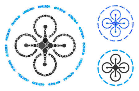 Drone flight composition of small circles in variable sizes and color tinges, based on drone flight icon. Vector random circles are combined into blue composition.のイラスト素材