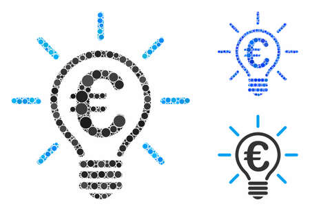 Euro idea bulb mosaic of filled circles in variable sizes and color tones, based on Euro idea bulb icon. Vector filled circles are grouped into blue mosaic.のイラスト素材