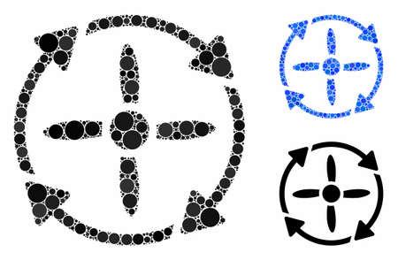 Rotor mosaic of circle elements in variable sizes and color tints, based on rotor icon. Vector circle elements are combined into blue mosaic. Dotted rotor icon in usual and blue versions.のイラスト素材