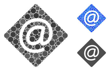 Email composition of small circles in various sizes and color tinges, based on email icon. Vector small circles are organized into blue composition. Dotted email icon in usual and blue versions.のイラスト素材