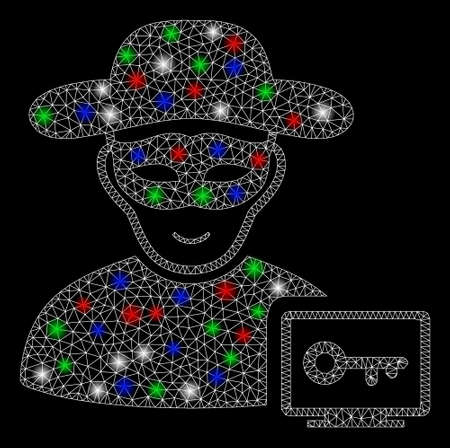 Bright mesh computer hacker with glare effect. White wire frame triangular mesh in vector format on a black background. Abstract 2d mesh designed with triangular lines, small circle,のイラスト素材