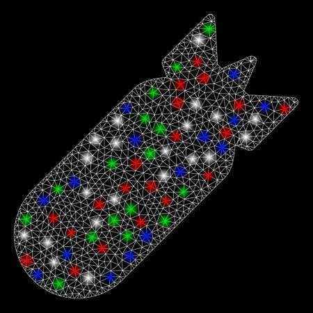 Bright mesh aviation bomb with glare effect. White wire carcass triangular mesh in vector format on a black background. Abstract 2d mesh designed with polygonal grid, round dots, colorful light spots.のイラスト素材