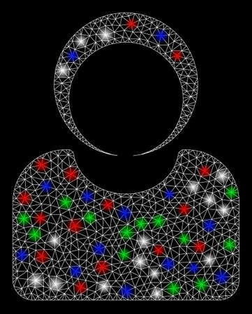 Bright mesh customer with glare effect. White wire carcass triangular mesh in vector format on a black background. Abstract 2d mesh designed with polygonal grid, small circle, colorful glare spots.のイラスト素材