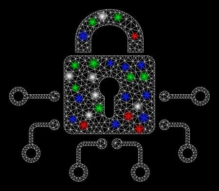 Bright mesh electronic lock with glow effect. White wire carcass polygonal mesh in vector format on a black background. Abstract 2d mesh designed with polygonal grid, spheric points,のイラスト素材