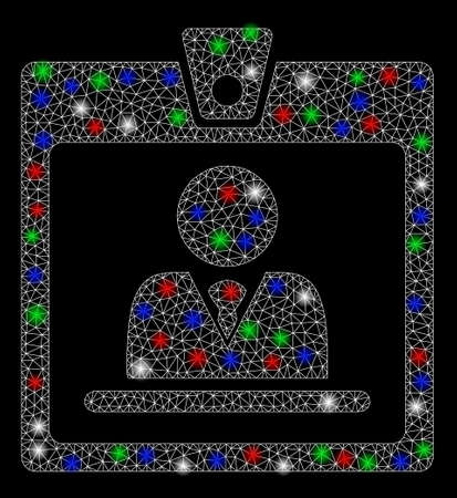 Bright mesh badge with glare effect. White wire frame triangular mesh in vector format on a black background. Abstract 2d mesh designed with triangular lines, points, colorful flash spots.のイラスト素材