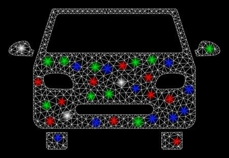 Bright mesh car with glare effect. White wire carcass triangular mesh in vector format on a black background. Abstract 2d mesh designed with triangular lines, spheric points, colorful glare spots.のイラスト素材