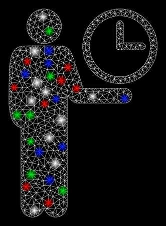 Bright mesh waiter with glare effect. White wire carcass triangular mesh in vector format on a black background. Abstract 2d mesh designed with triangular lines, round dots, colorful flash spots.のイラスト素材