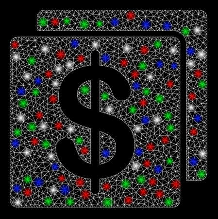 Bright mesh finance with glare effect. White wire frame triangular mesh in vector format on a black background. Abstract 2d mesh designed with triangles, round dots, colorful glare spots.のイラスト素材