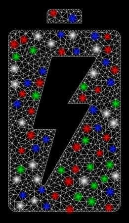 Bright mesh battery with glow effect. White wire frame polygonal mesh in vector format on a black background. Abstract 2d mesh designed with polygonal grid, points, colorful flare spots.のイラスト素材