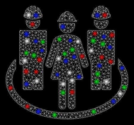 Bright mesh worker social relations with glare effect. White wire frame polygonal mesh in vector format on a black background. Abstract 2d mesh designed with triangles, dots, colorful glare spots.のイラスト素材