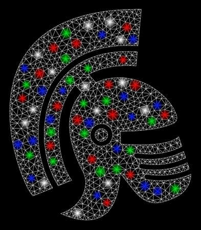 Bright mesh Rome helmet with lightspot effect. White wire carcass polygonal mesh in vector format on a black background. Abstract 2d mesh designed with polygonal grid, dots, colorful flare spots.のイラスト素材