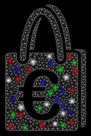 Bright mesh Euro shopping bag with lightspot effect. White wire carcass polygonal mesh in vector format on a black background. Abstract 2d mesh designed with polygonal grid, round dots,のイラスト素材