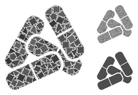 Pills composition of tuberous items in various sizes and color hues, based on pills icon. Vector rough items are united into collage. Pills icons collage with dotted pattern.のイラスト素材