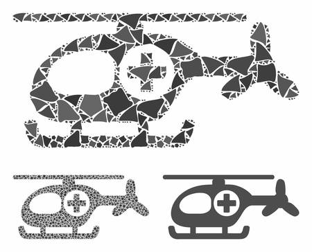 Helicopter composition of ragged elements in variable sizes and shades, based on helicopter icon. Vector abrupt elements are grouped into collage. Helicopter icons collage with dotted pattern.のイラスト素材