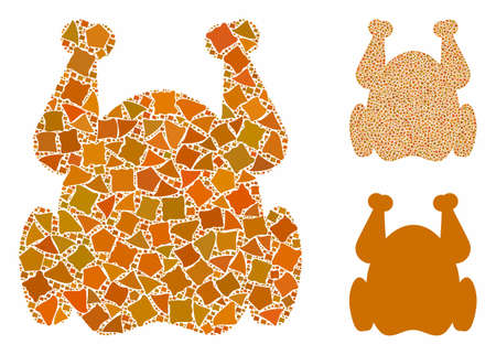 Chicken mosaic of raggy parts in various sizes and color tinges, based on chicken icon. Vector raggy parts are united into mosaic. Chicken icons collage with dotted pattern.のイラスト素材