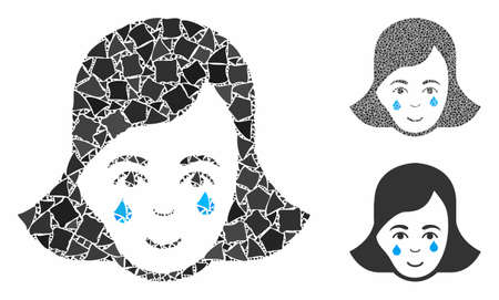 Crying woman face composition of uneven elements in variable sizes and color tinges, based on crying woman face icon. Vector tremulant elements are combined into collage.のイラスト素材