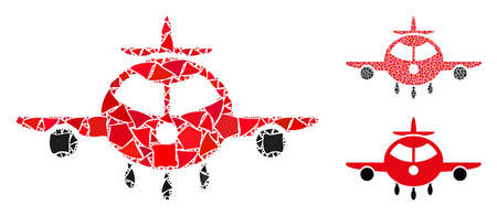 Cargo plane mosaic of tremulant items in various sizes and color tints, based on cargo plane icon. Vector unequal items are grouped into mosaic. Cargo plane icons collage with dotted pattern.のイラスト素材
