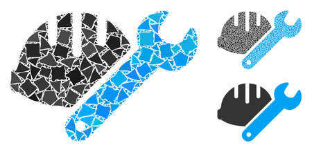 Helmet with wrench mosaic of rugged elements in variable sizes and color hues, based on helmet with wrench icon. Vector rugged items are composed into collage.のイラスト素材