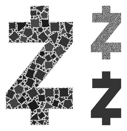 Zcash mosaic of irregular elements in variable sizes and color tones, based on Zcash icon. Vector uneven elements are composed into mosaic. Zcash icons collage with dotted pattern.のイラスト素材