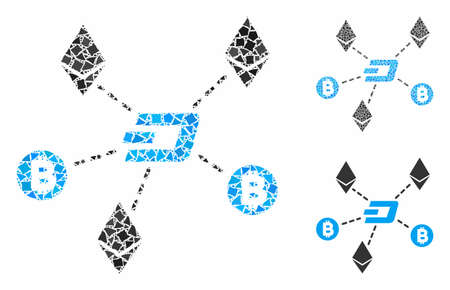 Cryptocurrency relations mosaic of tremulant pieces in various sizes and color hues, based on cryptocurrency relations icon. Vector raggy pieces are grouped into collage.のイラスト素材