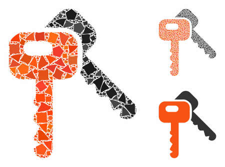 Car keys composition of rugged pieces in different sizes and color tinges, based on car keys icon. Vector inequal pieces are grouped into composition. Car keys icons collage with dotted pattern.のイラスト素材